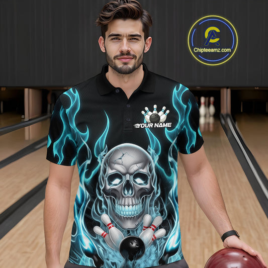 Custom Blue Fire Flame Skull Bowling Polo Shirts For Men, Halloween Bowling Team Outfit IPHW9491