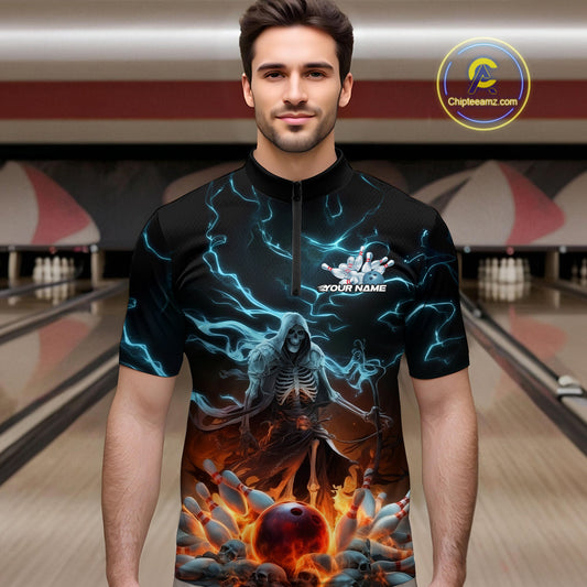 Custom Blue Lightning Grim Reaper Bowling Men Quarter-Zip Shirt, Flame Halloween Outfit IPHW9899