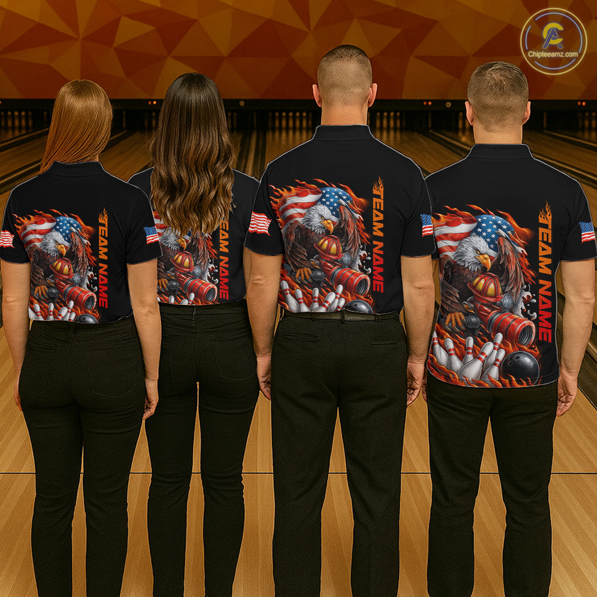 Custom Patriotic Flame Eagle Men Bowling Team Shirt, Firefighter Bowling Shirt IPHW10202