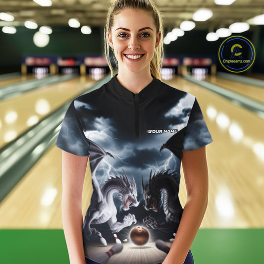 Custom Black And White Dragons Lightning Bowling Women Quarter-Zip Shirts IPHW9820