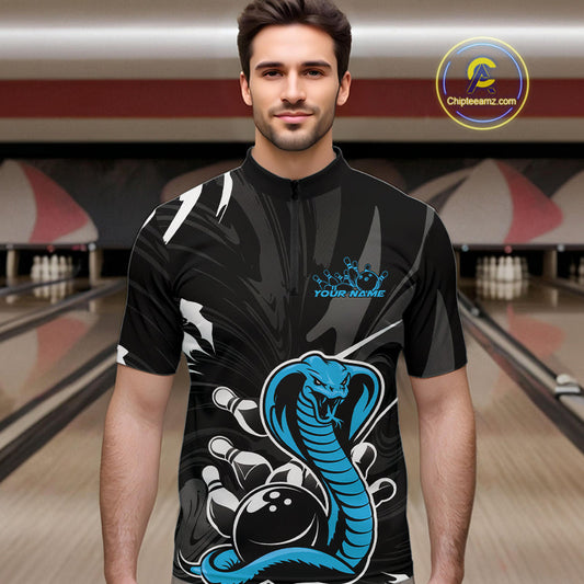 Custom Blue Cobra Snake Bowling Team Jerseys, Bowling Quarter-Zip Shirts For Men IPHW9710