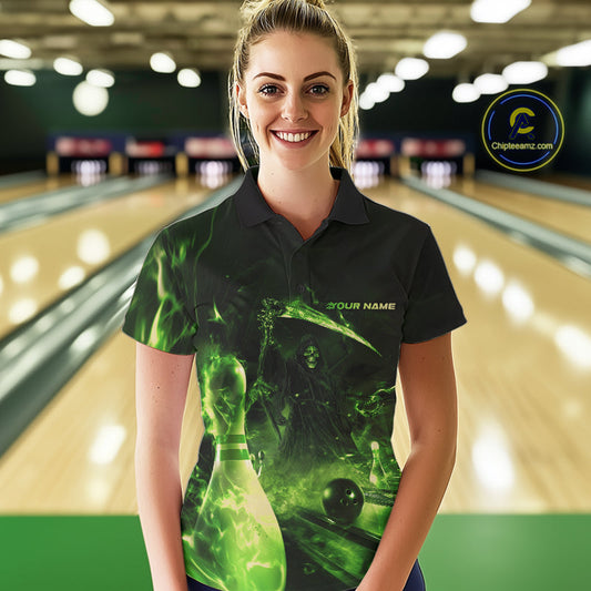 Custom Green Fire Flame Grim Reaper Bowling Women Polo Shirts, Halloween Bowlers Outfit IPHW9712