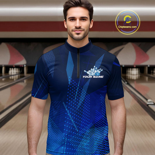 Custom Black And Blue Bowling Jerseys, Men Bowling Quarter-Zip Shirt Team Uniform IPHW9390