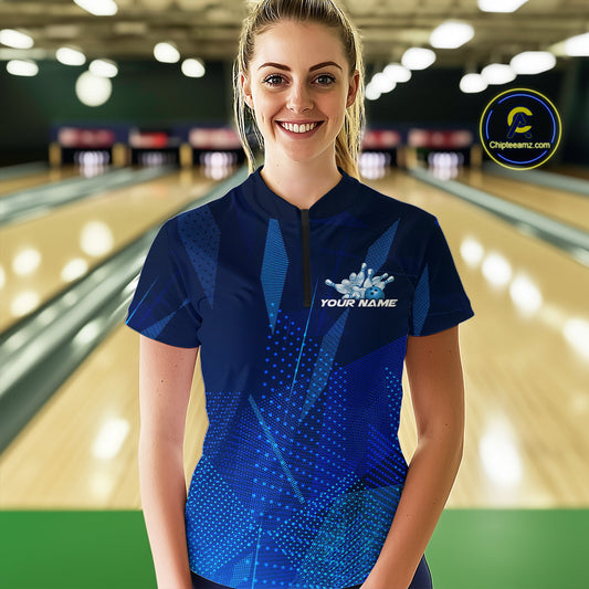 Custom Black And Blue Bowling Jerseys, Women Bowling Quarter-Zip Shirt Team Uniform IPHW9390