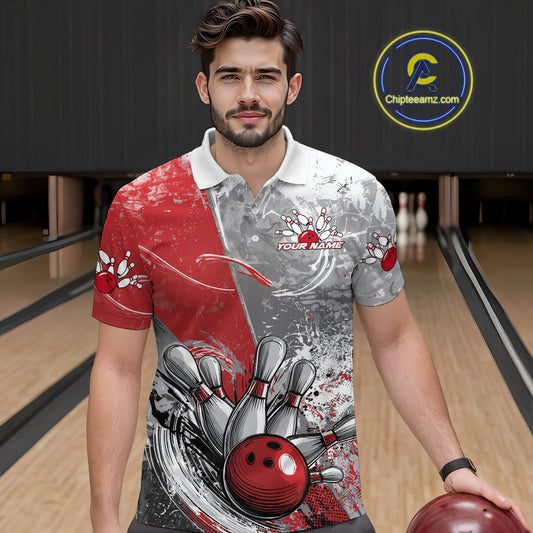 Custom Grunge Red Bowling Polo Shirts For Men, Distressed Vintage Bowling Team Shirts IPHW9550