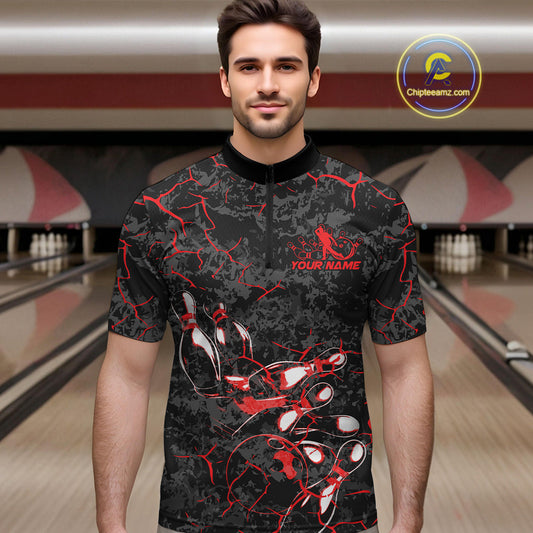 Custom Black And Red Camo Bowling Team Quarter-Zip Shirts For Men, Bowling League Shirt IPHW9370