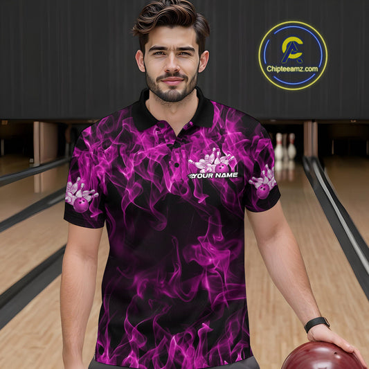 Custom Black And Pink Flame Bowling Team Men Polo Shirts, Bowling Tournament Shirt IPHW9757