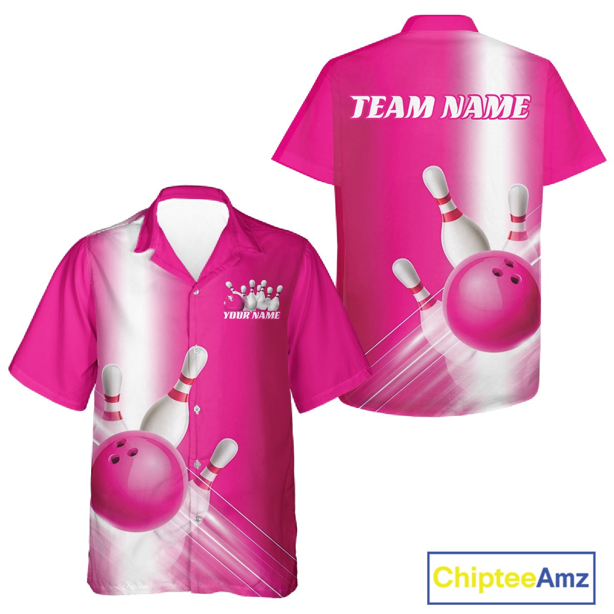 Button up bowling shirt mockup shown front and back with bowling ball and pins flowing through a pink gradient pattern.