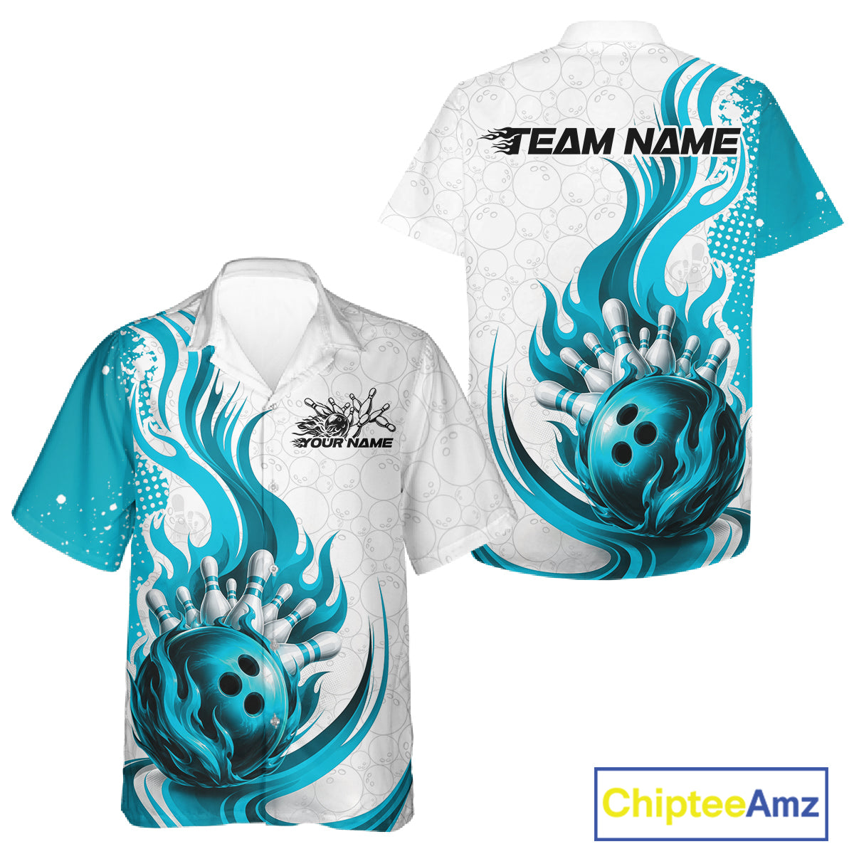 Front and back views of a short-sleeve button-up shirt with a white base and a bold blue and teal bowling graphic featuring a bowling ball and pins with flame-like swirls.