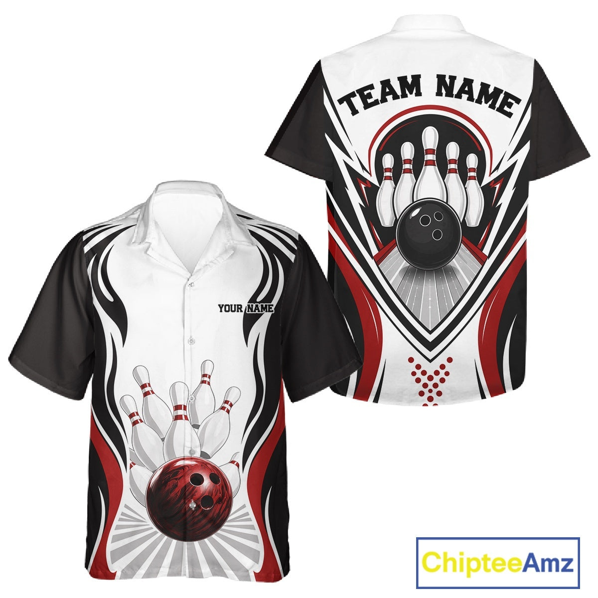 Front and back views of a button-up bowling shirt mockup showcasing bowling-themed graphics with a bowling ball and pins in white, black, and red.
