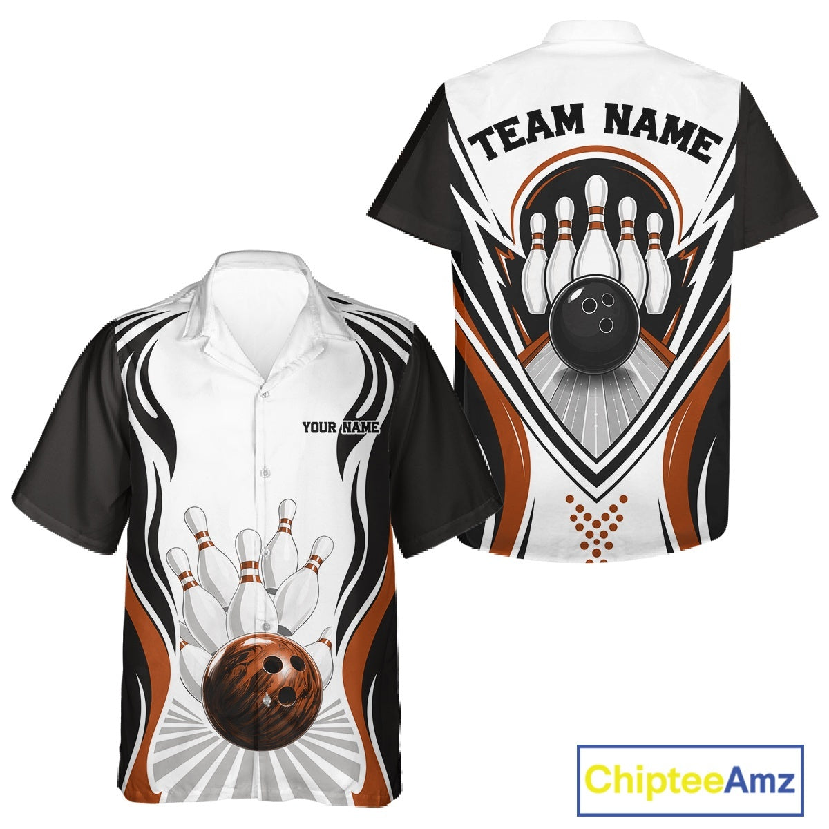 Front and back views of a button-up bowling shirt mockup with bowling ball and pins artwork in white, black, and orange.