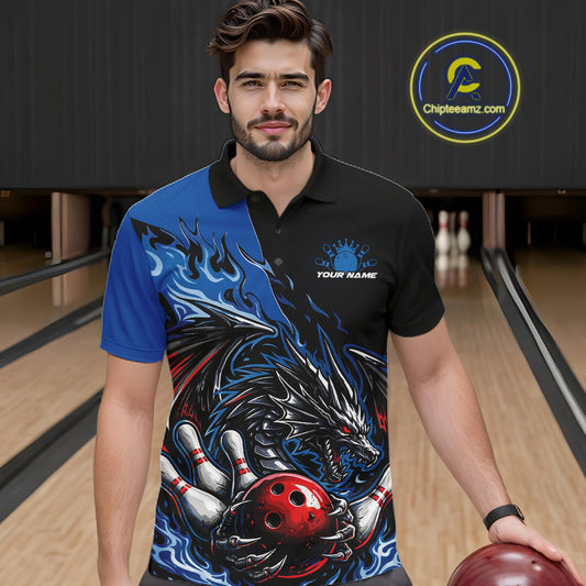 Custom Blue And Red Dragon Bowling Men Polo Team Shirt, Dragon Bowling League Shirts IPHW10368