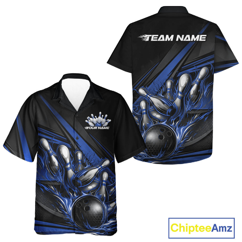 Button-up bowling shirt mockup displaying black shirt with blue flame bowling ball knocking down pins and clean geometric stripe design