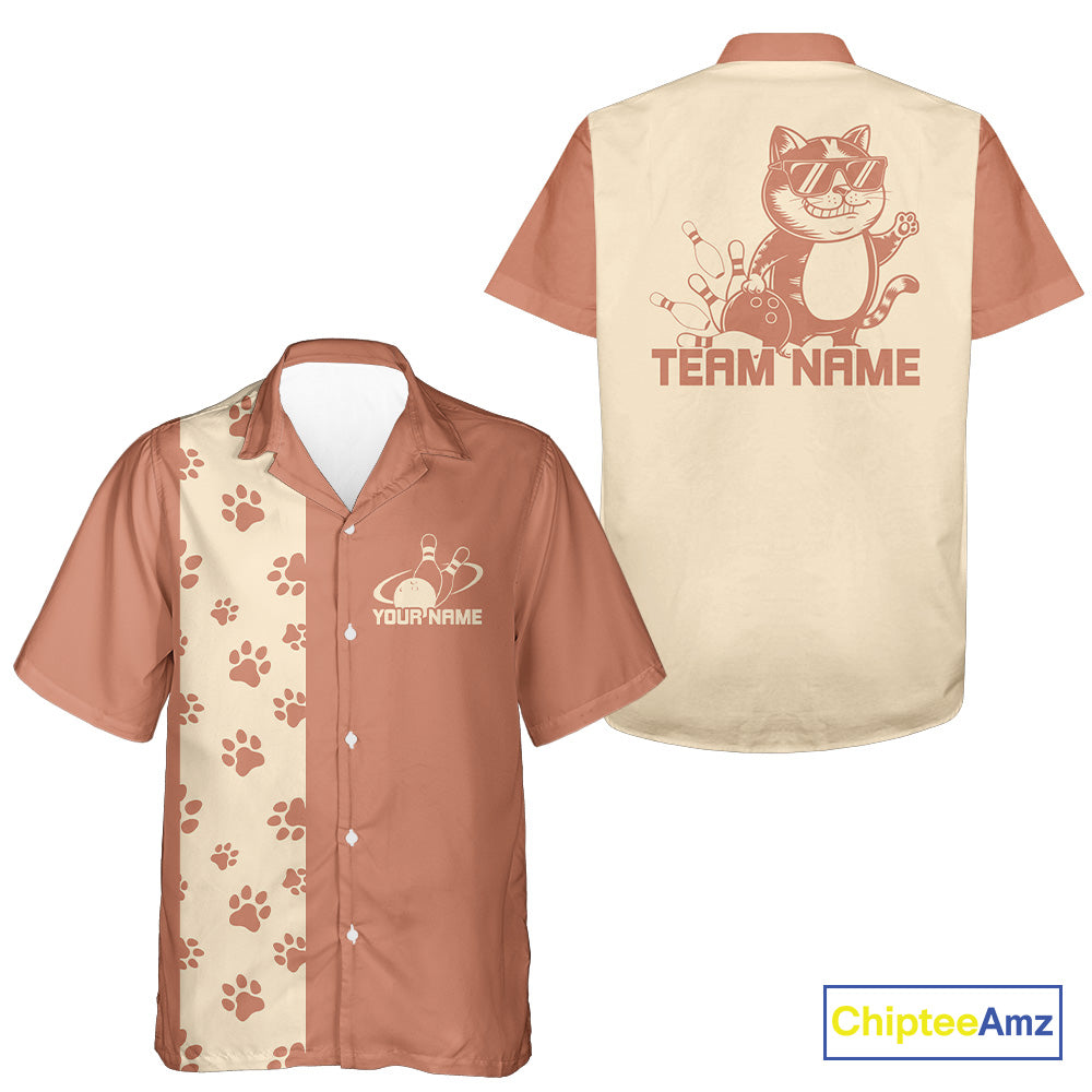 Custom Retro 50S Cat Bowling Button Up Shirt Men And Women, Vintage Cat Bowling Shirt IPHW10096