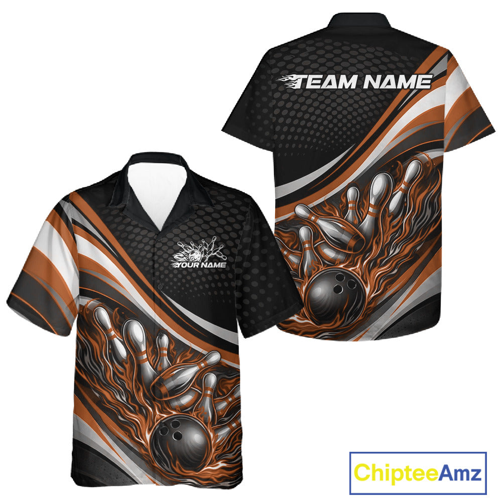 Front and back view of a button-up bowling shirt mockup in black and orange, featuring fiery bowling ball crashing into pins dynamic illustration.