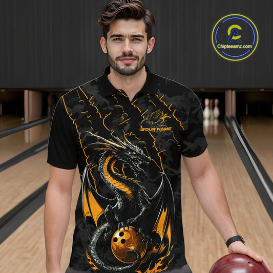 Custom Gray And Yellow Camo Dragon Claws Bowling Men Polo Shirts, Team Bowling Jerseys IPHW9857