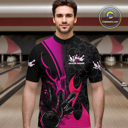 Custom Pink Flame Bowling Pattern Bowling Men Quarter-Zip Shirt, Bowling Team League Shirt IPHW9882