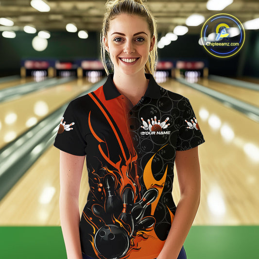 Custom Orange Flame Bowling Pattern Bowling Women Polo Shirt, Bowling Team League Shirt IPHW9883