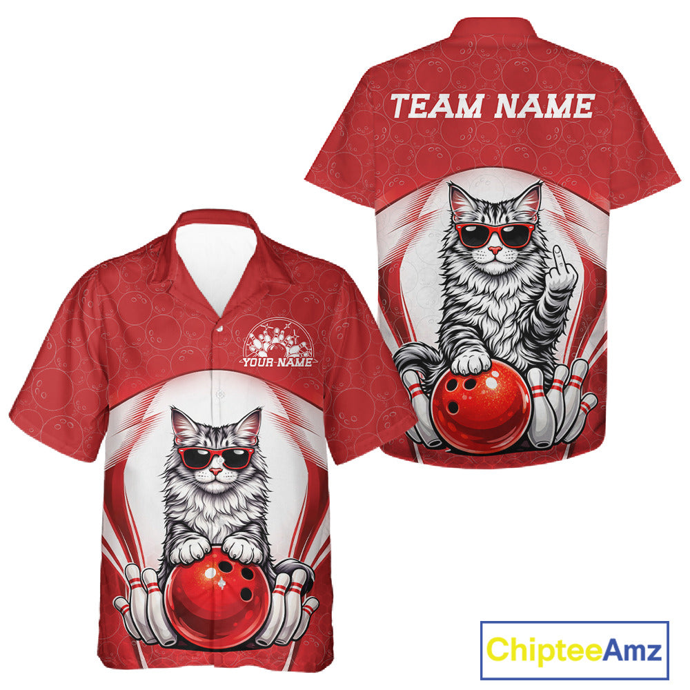 Front and back display of a white and red button-up bowling shirt showcasing a Maine Coon cat wearing sunglasses and leaning on a bowling ball.