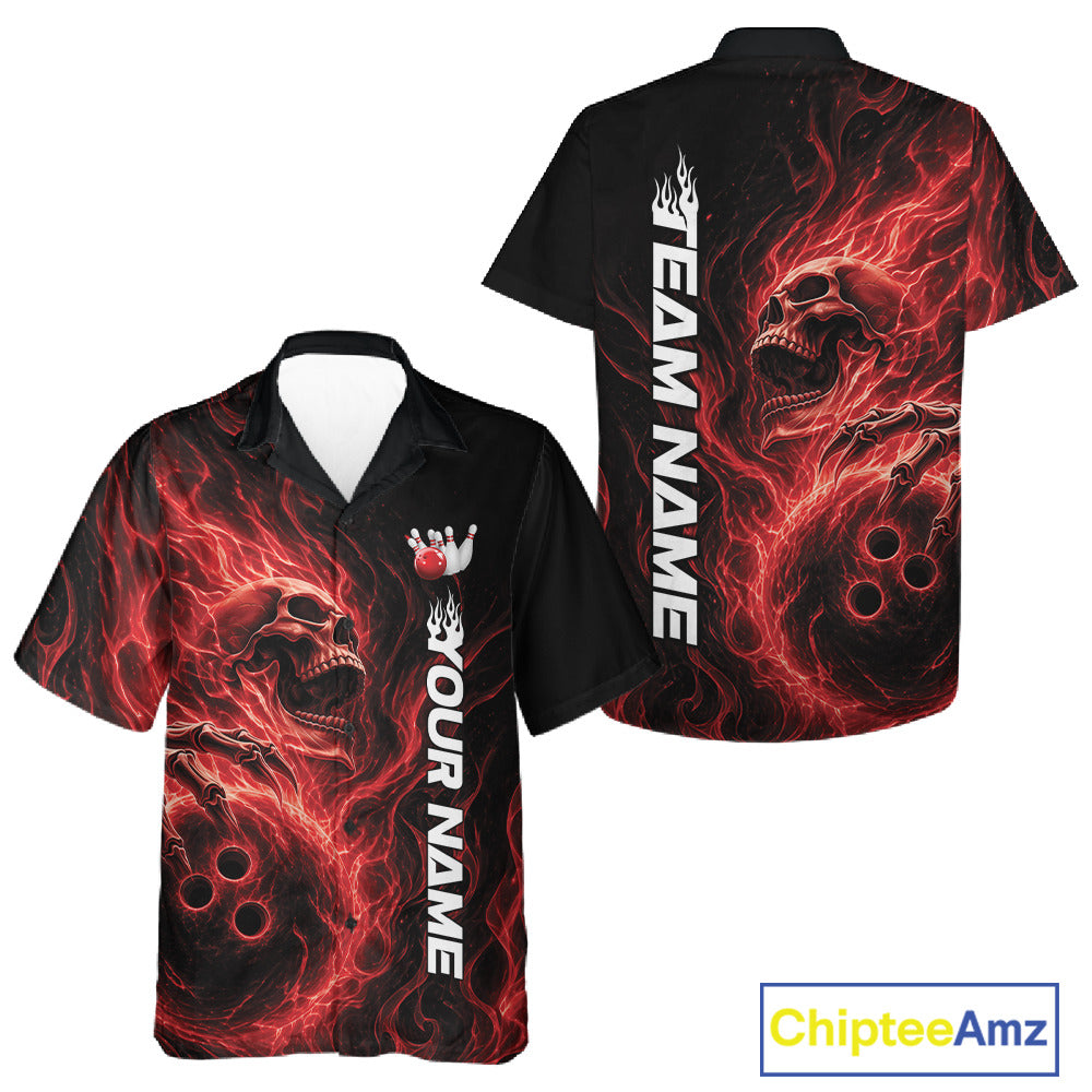 Front and back view of a black button-up bowling shirt featuring a skull clutching a bowling ball surrounded by swirling red energy flames