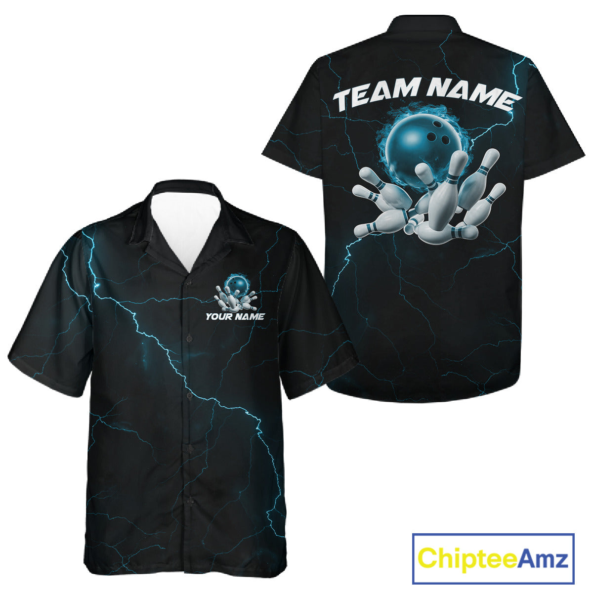Custom Blue Thunder Lightning Flame Bowling Ball Men And Women Bowling Team Shirt Bowler Outfit IPHW10674