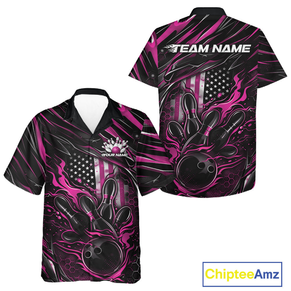 Front and back view of a black and pink button-up bowling shirt showcasing patriotic bowling strike artwork with flag-inspired accents.