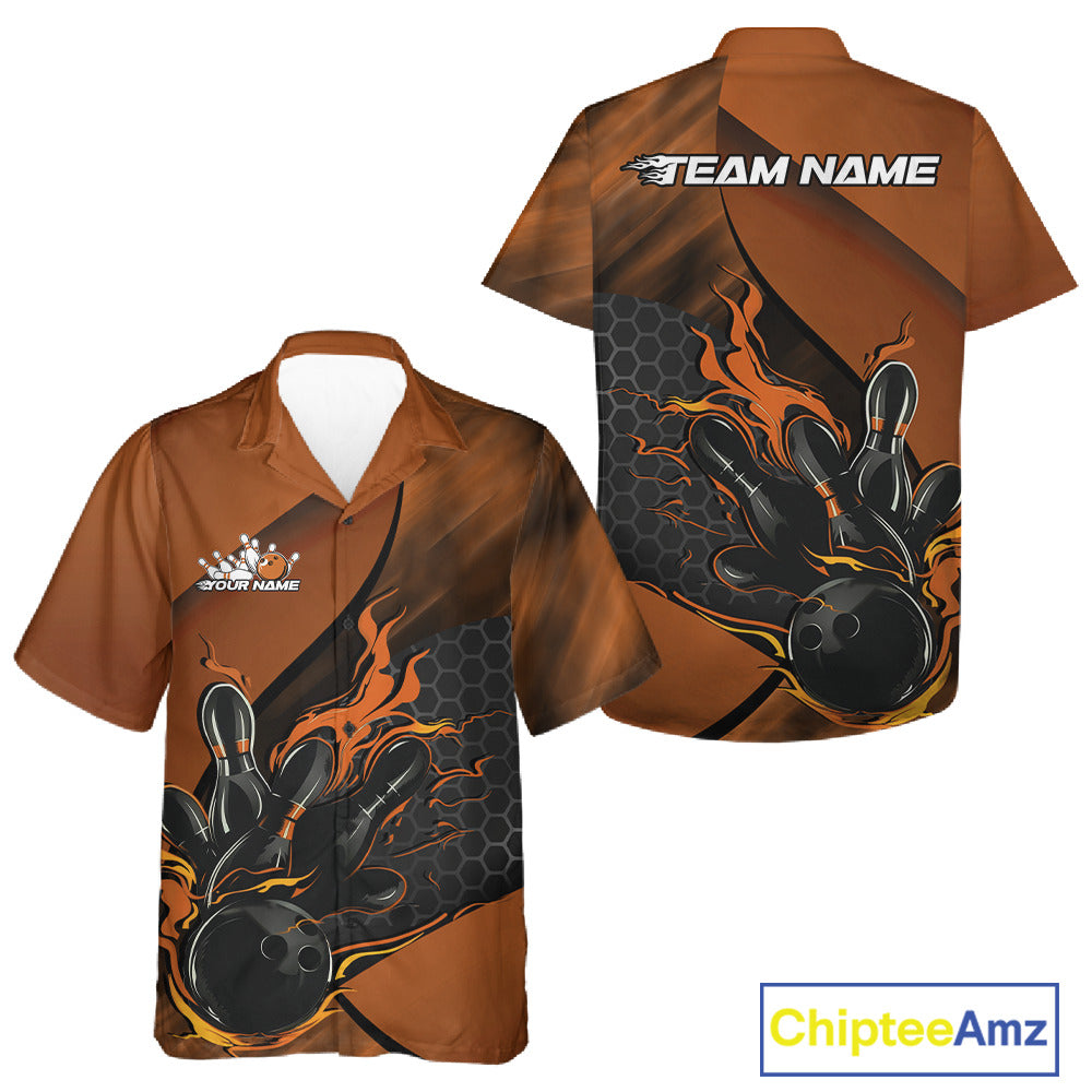 Front and back mockup of a black and orange button-up bowling shirt showcasing a flaming bowling ball striking pins with geometric hexagon artwork.