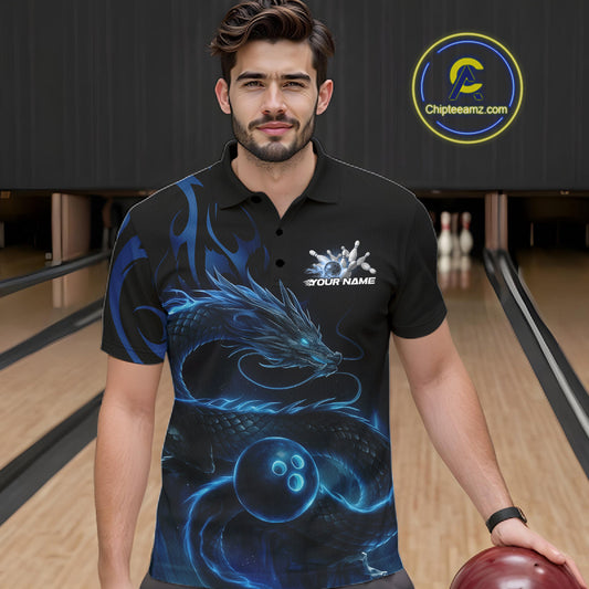 Custom Blue Tribal Flame Dragon Bowlin Team Men Polo Shirt, Dragon Bowling Jerseys IPHW10229