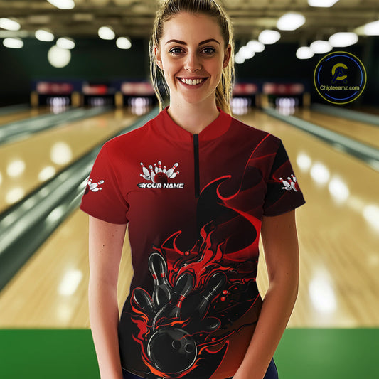Custom Black And Red Flame Bowling Team Women Quarter-Zip Shirt, Bowling Tournament Shirt IPHW9868