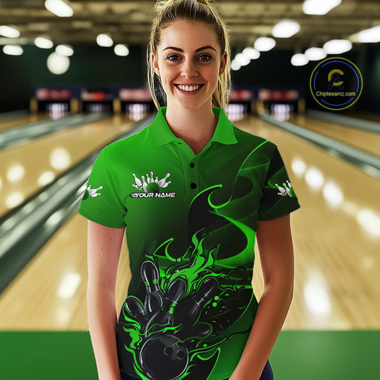 Custom Black And Green Flame Bowling Team Women Polo Shirt, Bowling Tournament Shirt IPHW9870