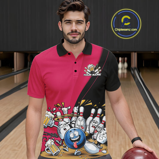Custom Pink Funny Bowling Men Polo Shirts, Bowling And Beer Party Bowlers Outfit IPHW10817