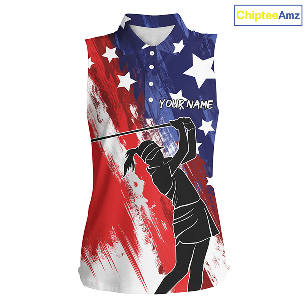 Red, white and blue American flag sleeveless polo shirt custom patriotic golf shirt NQS5493