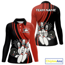 Load image into Gallery viewer, Funny Bowling ball and pins Black and Red Bowling Team Shirts For Women Custom Retro Bowling Jerseys NQS10225