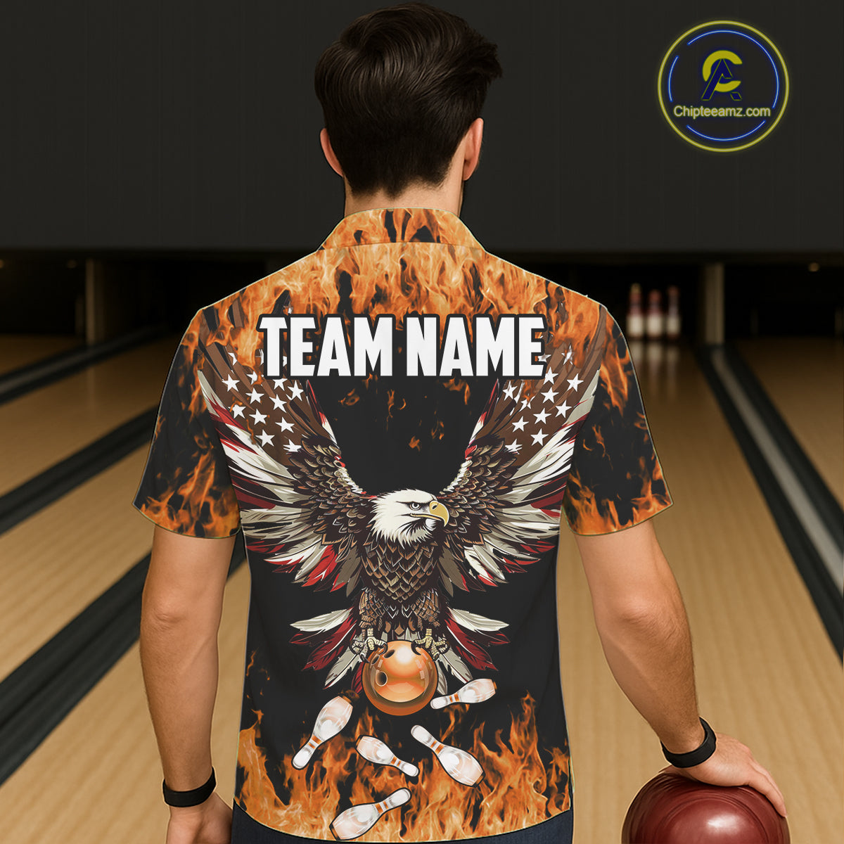 Orange flame Hawaiian bowling shirts Custom American flag Eagle Team bowling shirts, gift for bowlers NQS11189