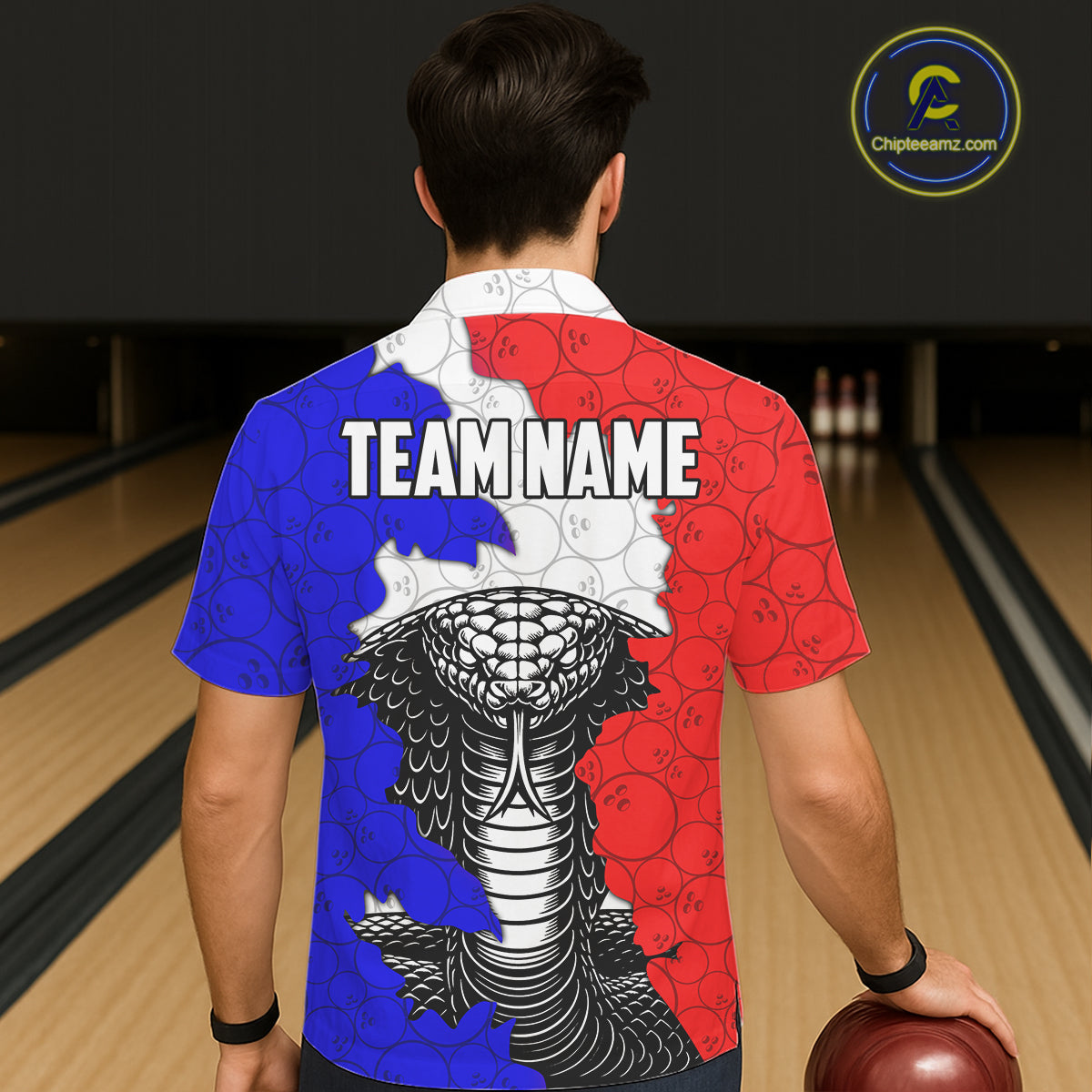 Personalized Red, White and Blue Cobra Snake Bowling Team Hawaiian Shirt, Patriotic Bowling Jerseys NQS11198