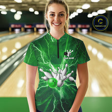 Load image into Gallery viewer, Women's Bowling Shirts Custom Green Lightning Thunder Bowling Team Jersey, gift for team Bowlers NQS10602