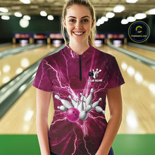Load image into Gallery viewer, Women's Bowling Shirts Custom Pink Lightning Thunder Bowling Team Jersey, gift for team Bowlers NQS10603