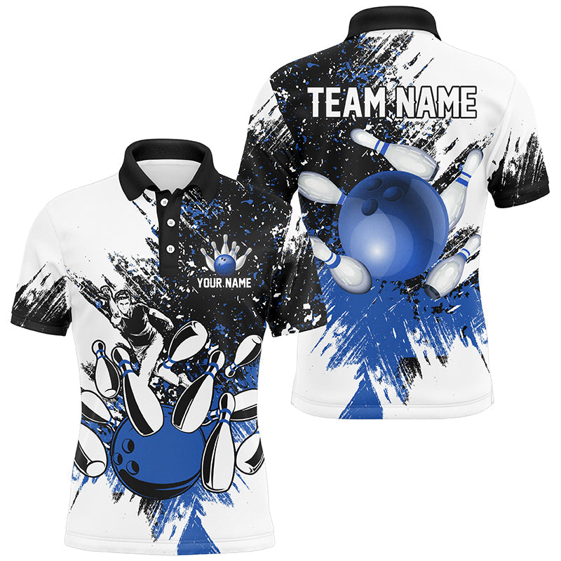 Black and White Men Bowling Polo, Quarter Zip Shirt Custom bowling jerseys, mens bowling outfit | Blue NQS8430