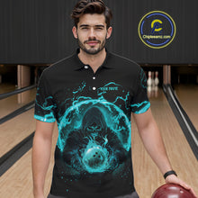Load image into Gallery viewer, Mens bowling polo, 1/4 zip shirts Custom cyan blue flame skull bowling team jerseys, gift for Bowlers NQS10614