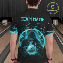 Load image into Gallery viewer, Mens bowling polo, 1/4 zip shirts Custom cyan blue flame skull bowling team jerseys, gift for Bowlers NQS10614