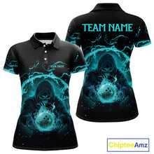 Load image into Gallery viewer, Women bowling polo, 1/4 zip shirts Custom cyan blue flame skull bowling team jersey, gift for Bowlers NQS10614