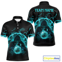 Load image into Gallery viewer, Mens bowling polo, 1/4 zip shirts Custom cyan blue flame skull bowling team jerseys, gift for Bowlers NQS10614