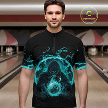 Load image into Gallery viewer, Mens bowling polo, 1/4 zip shirts Custom cyan blue flame skull bowling team jerseys, gift for Bowlers NQS10614