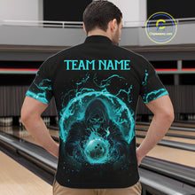 Load image into Gallery viewer, Mens bowling polo, 1/4 zip shirts Custom cyan blue flame skull bowling team jerseys, gift for Bowlers NQS10614