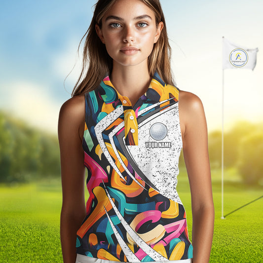 Women sleeveless golf polo shirts colorful pattern custom team golf shirts, golf tops for ladies NQS10088