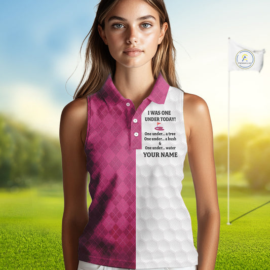 Pink white Womens Sleeveless polo shirt custom I was one under today one under a tree, a bush & water NQS10091