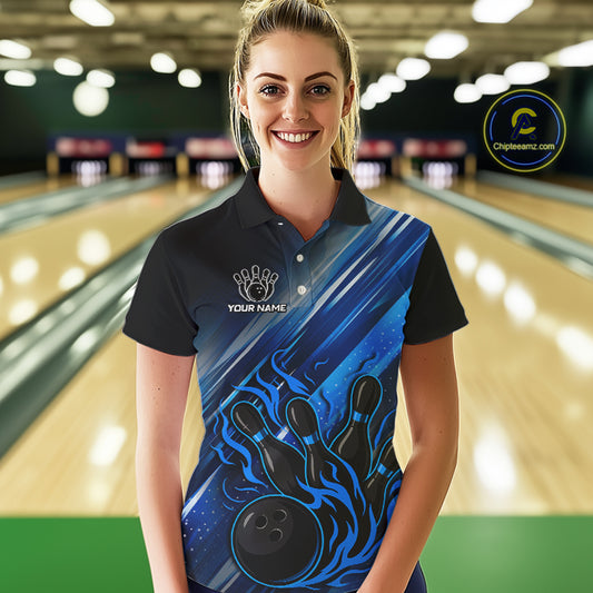 Black and Blue Flame Bowling Polo, Quarter Zip Shirt For Women Custom Team Ladies Bowling Jerseys NQS10099