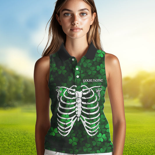 Green shamrock pattern Skeleton Women Sleeveless polo shirt custom St Patrick Day women golf attire NQS9513