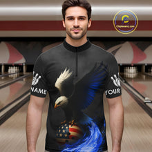 Load image into Gallery viewer, Black and White Eagle Blue Flame American Flag Bowling Shirt For Men Custom Team Bowling Jersey NQS10857