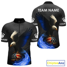 Load image into Gallery viewer, Black and White Eagle Blue Flame American Flag Bowling Shirt For Men Custom Team Bowling Jersey NQS10857